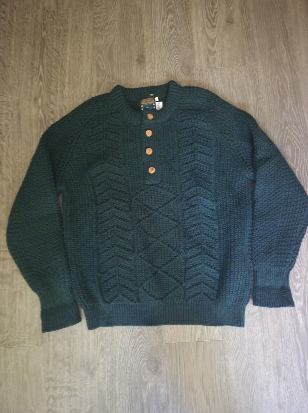 Dark Green Crewneck Button-Front Cable Knit Wool Sweater XL